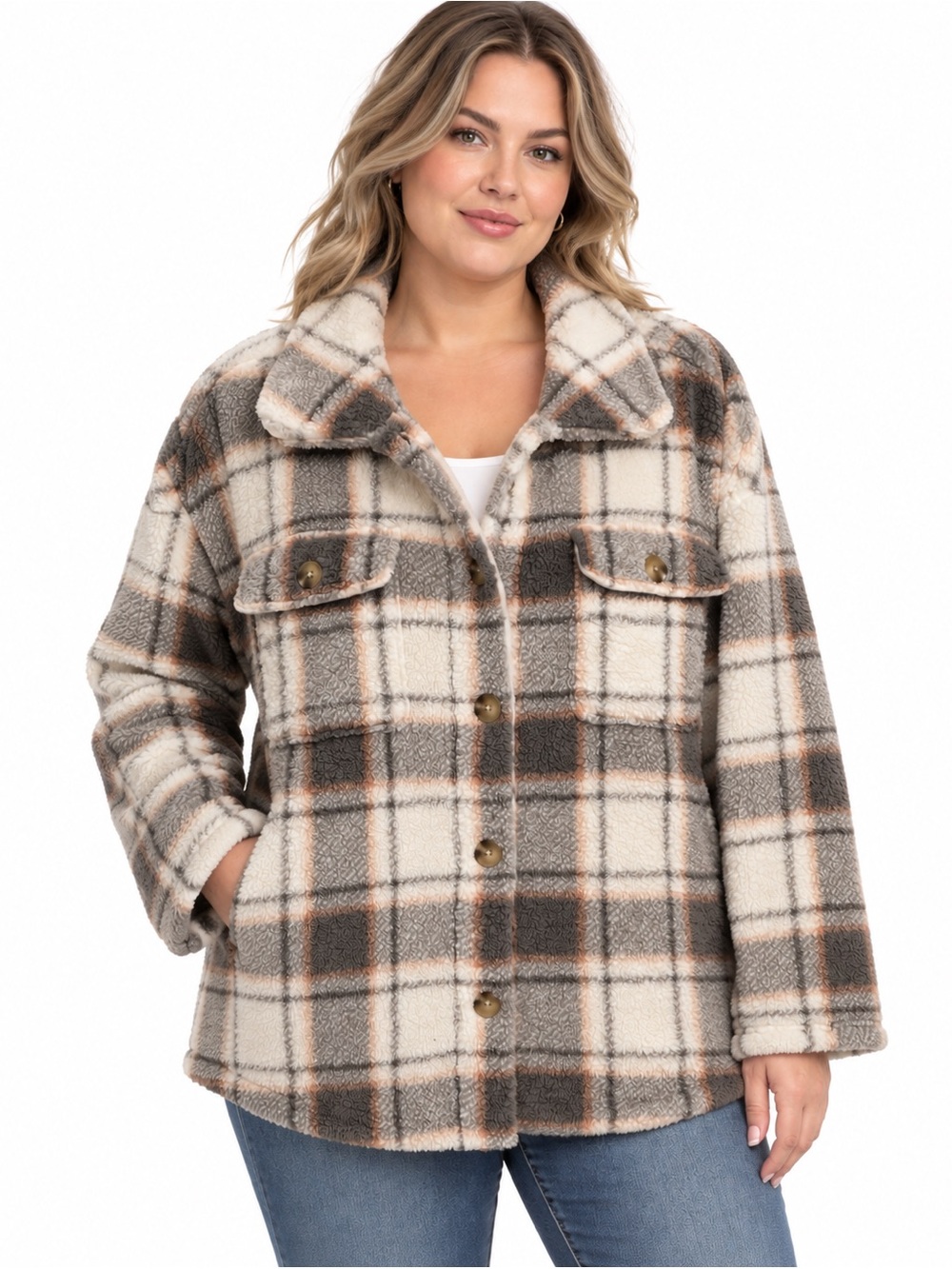 Plaid Sherpa Shacket Jacket in Cream and Brown